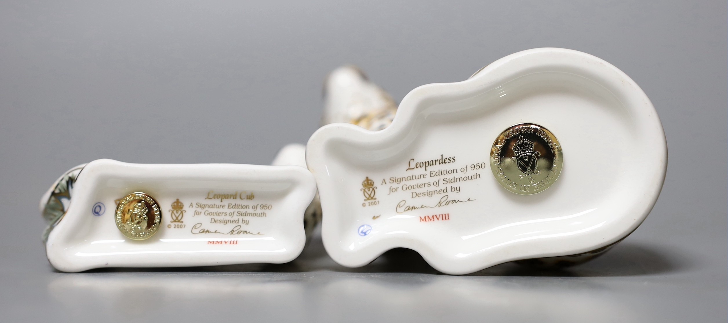 Two Royal Crown Derby paperweights - Leopardess, gold stopper, boxed with certificate and Leopard Cub, gold stopper, boxed with certificate